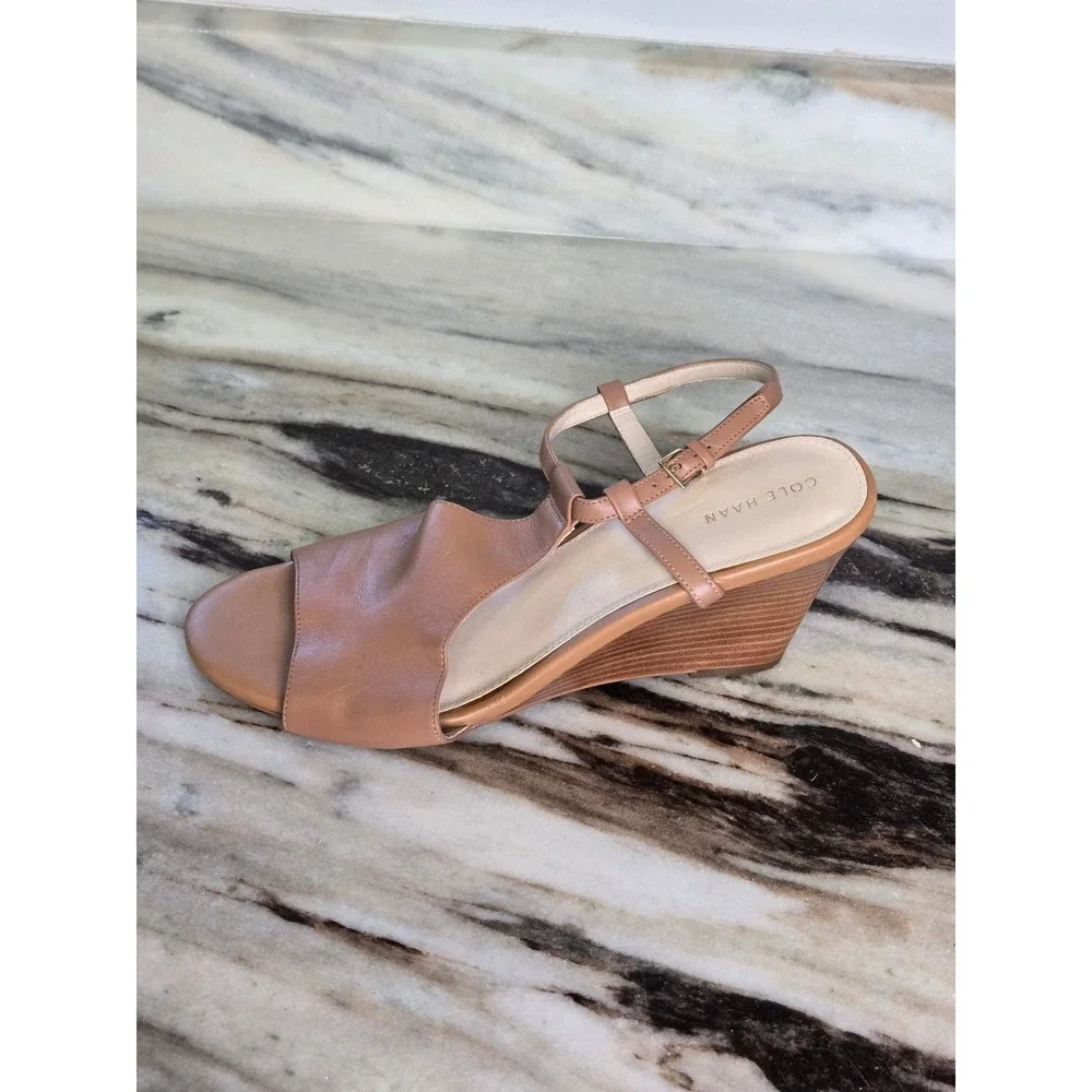 Cole Haan Tan Leather Wedge Sandals Peep Toe T-Strap W14236 Womens‎ 10B